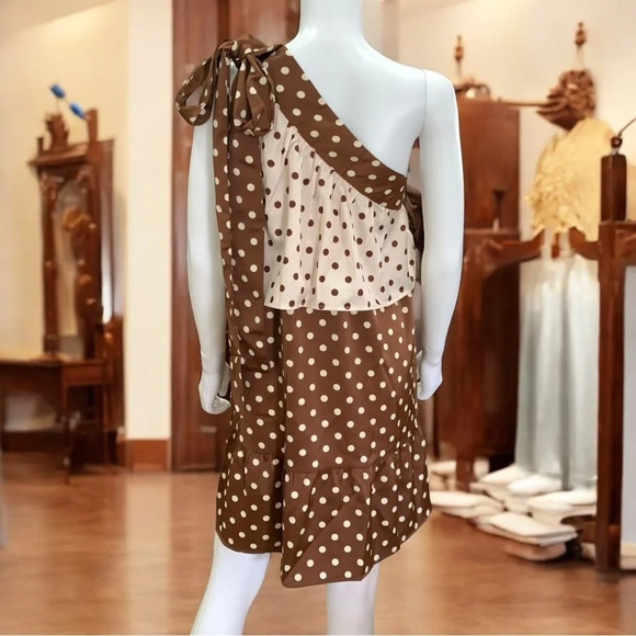 ASOS Y.A.S one shoulder mini dress in chocolate polka dot Size Small - Picture 4 of 12